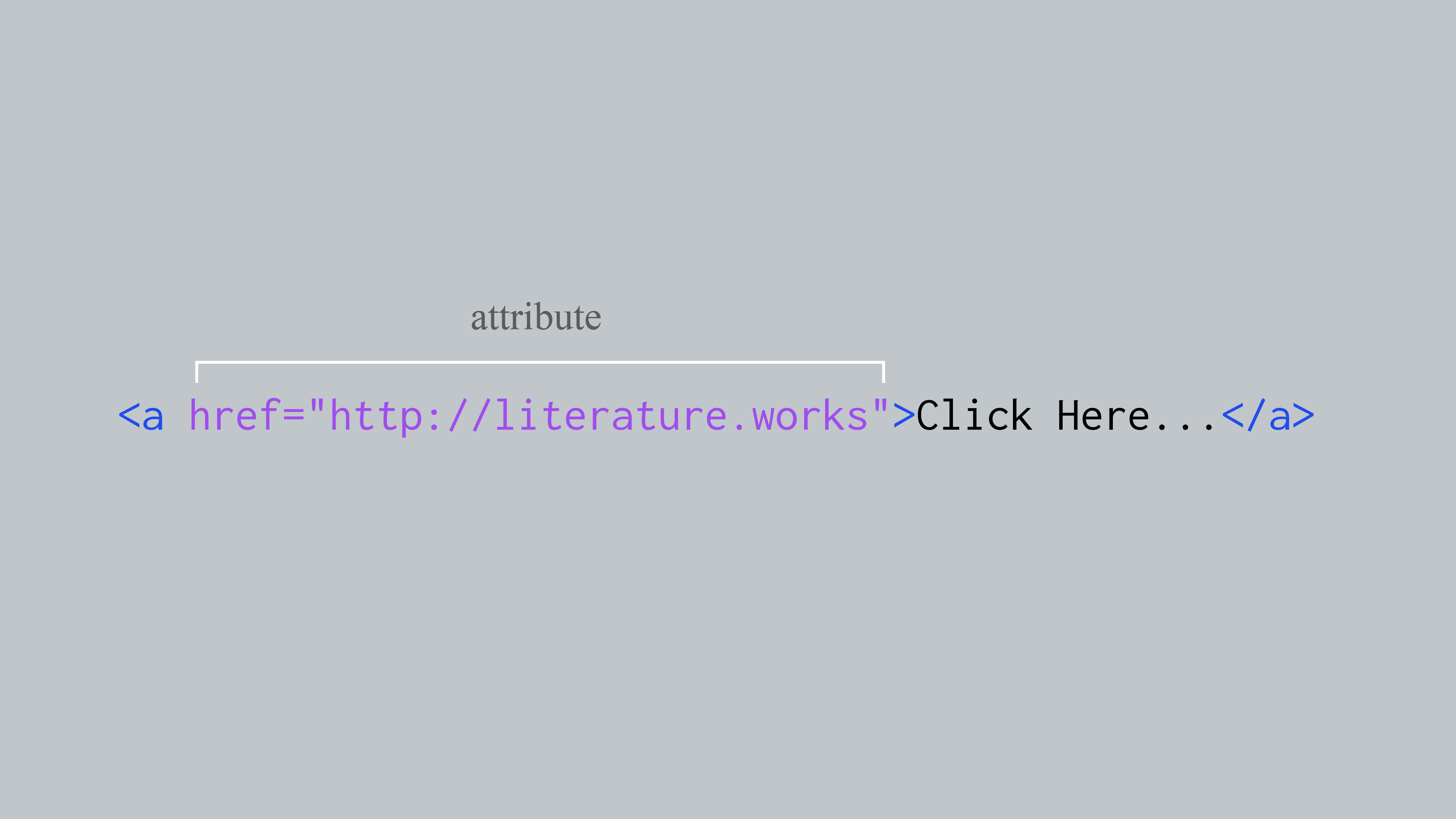A slide from Laurel's HTML Basics video tutorial that shows an attribute on an anchor element, the href