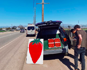 A large painted sign of a strawberry advertising strawberries on the roadside