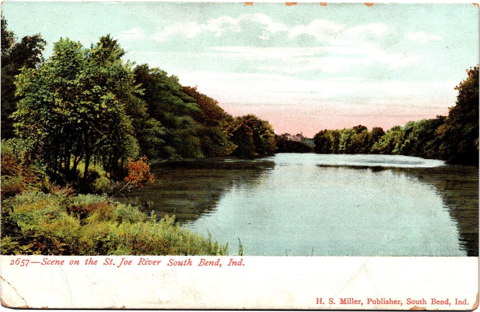 front side of postcard with a lake in Indiana